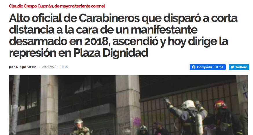 InterferenciaCL's tweet photo. En febrero de 2019, INTERFERENCIA publicó este artículo sobre el teniente coronel Claudio Crespo Guzmán, donde se daba cuenta de que pese a sus antecedentes, ocupaba un alto cargo en https://t.co/gKIAZp0xuA. en Plaza Dignidad: https://t.co/0Z9t6FxQi8 (2/11) https://t.co/QkGRDA33DN