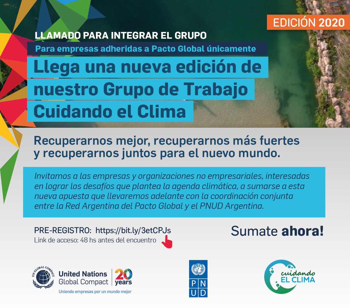 PNUDArgentina's tweet photo. El @pactoglobalARG y el @pnud en #Argentina presentan la #edición2020 del Grupo de Trabajo #CuidandoElClima con una agenda integral que abordaremos en 5 encuentros a lo largo del año. Gran oportunidad para #empresas adheridas a la red local. Sumate ➡️ https://t.co/VByuU9w6yt ✍️🏾 https://t.co/mOvtGrjrhS