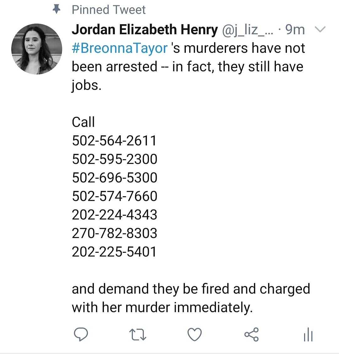 Here are some numbers you can call to get justice for  #BreonnaTaylor Brett Hankison has been fired but Myles Cosgrove and John Mattingly still have their jobs. No charges have been filed against any of them. Call call call.