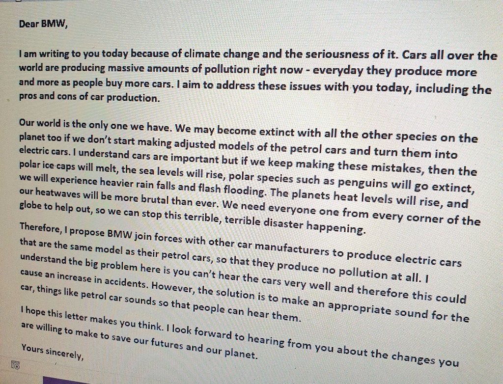 MisseDukeate's tweet photo. Another fantastic persuasive letter created by my Y6 home learning group this week! @LitFilmFest your Take A Stand climate change project really inspired them 👏 @BMW expect a copy through the post/via email VERY soon 👍😊 #WriteAtHome #edutwitter #primaryenglish https://t.co/4blapRfyG0