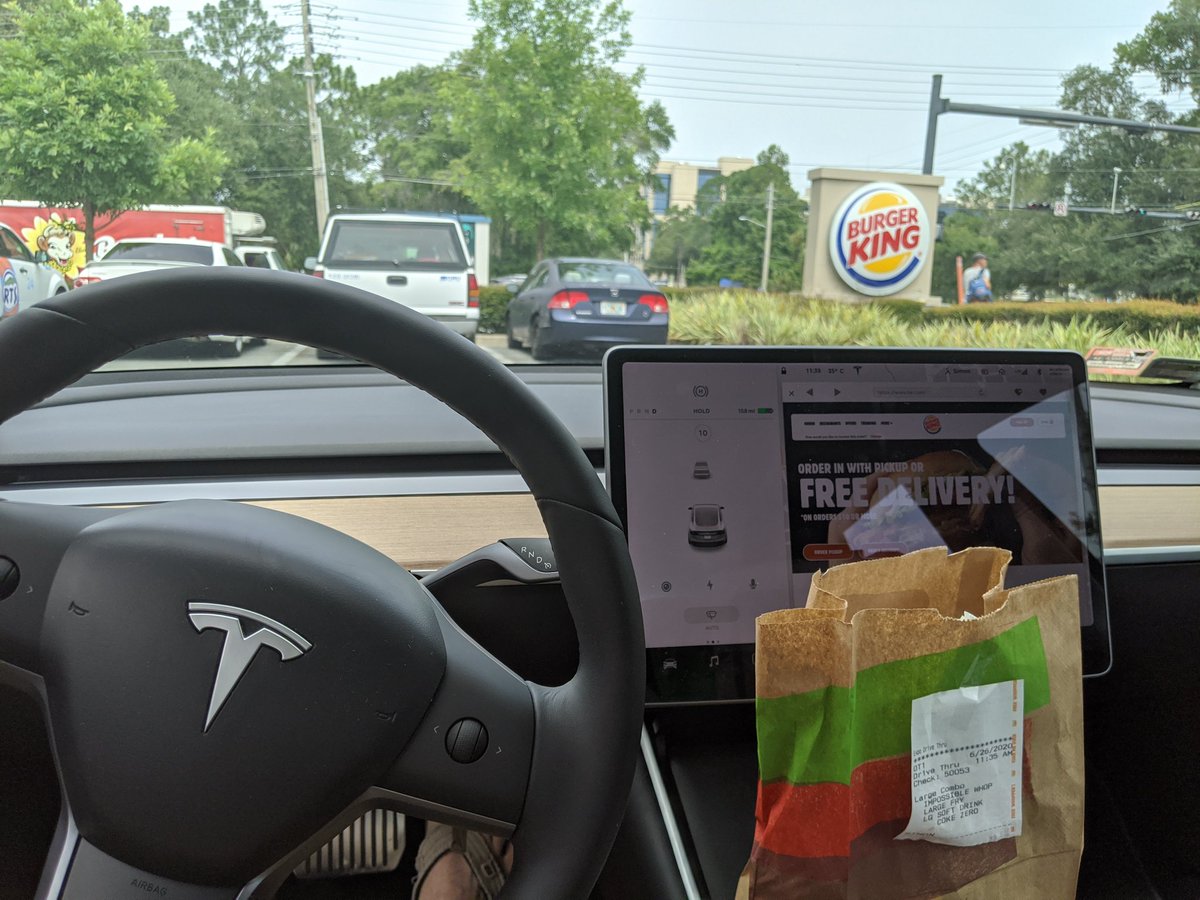 TheLordSkippy's tweet photo. Who needs free delivery if my @Tesla stoops at @BurgerKing automatically and even has the #ImpossibleWhopper already ordered for me? #AutopilotWhopper #FreeWhopper https://t.co/5n5cSf89vH