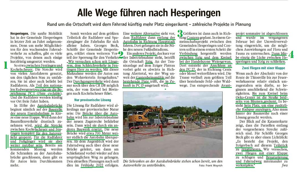 luxembourgize's tweet photo. This very dense news article gives us clues about developing bike infra around #Hesperange and #Itzig. Looks like Andy Schleck's bike shop will be at the crossroads of it all.
I tried to make a map, green dotted lines are approx.
#PC1Lux
#PC27Lux
#PC15Lux *new*
#PC11Lux South https://t.co/YgNulCwjAw