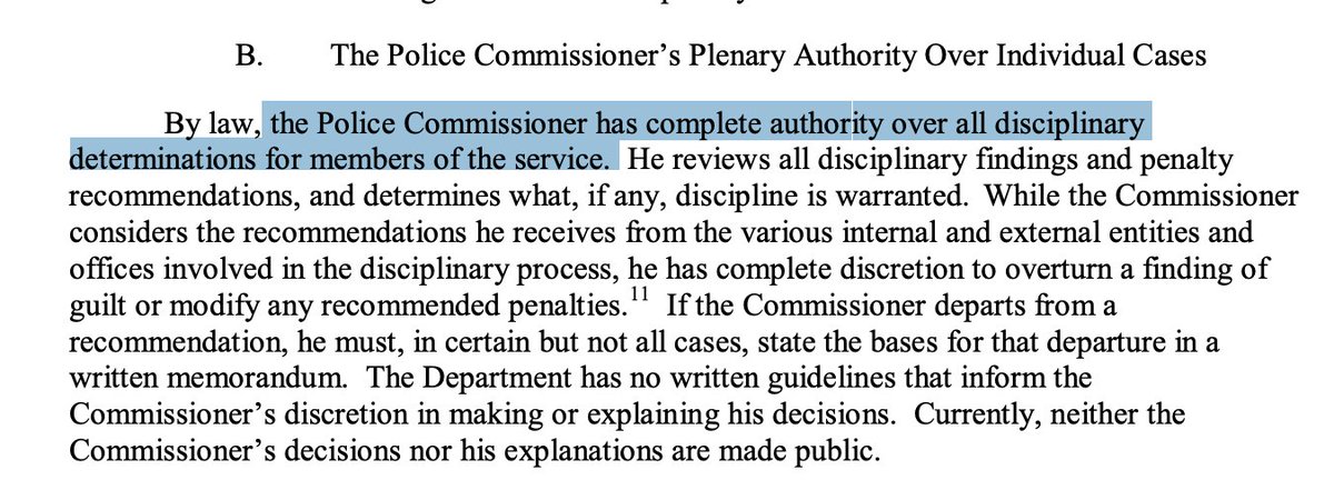 3/ Also: Only the NYPD commissioner (currently  @NYPDShea) can decide if and how an officer is disciplined for abuse. Doesn’t matter what civilian investigators find. As one report put it, the commish has “complete authority” and “complete discretion.” https://www.independentpanelreportnypd.net/assets/report.pdf