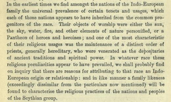 Caldwell characterizes the "Aryan" people speaking Indo-European languages with a religion of "Heliolatry: worshipping the sun, the sky, water, fire and other elements of nature personified".He says Dravidian or "Scythian" people could be characterized by a different religion.