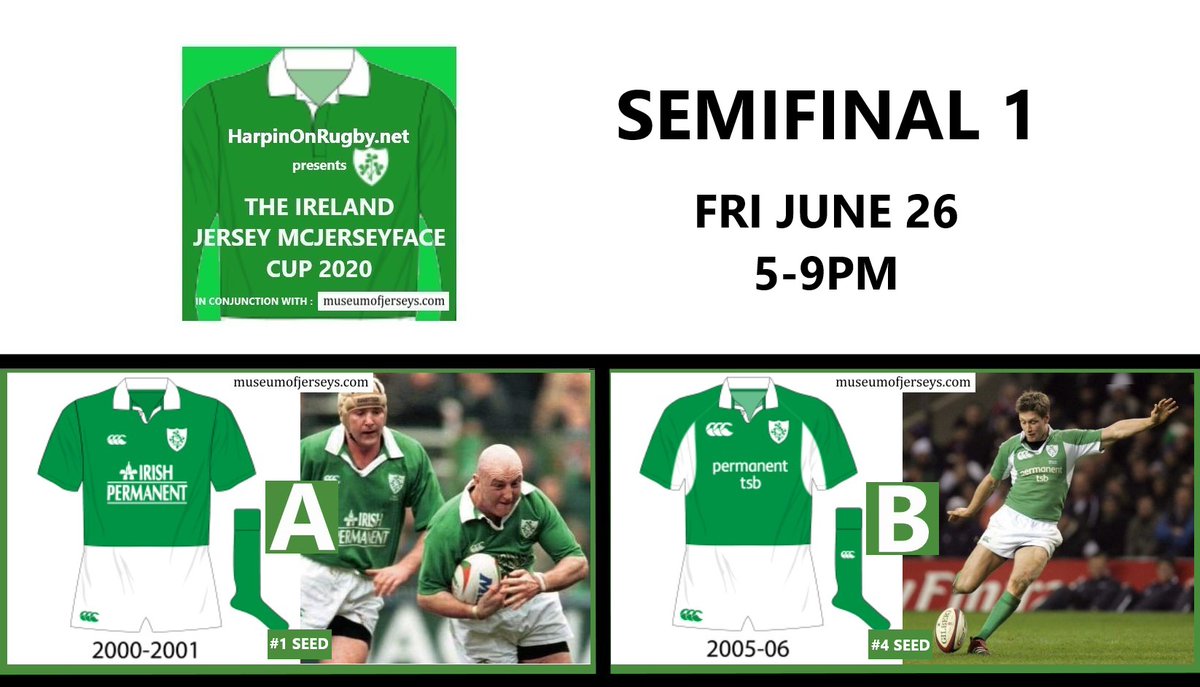 Harpin' On Rugby (@harpinonrugby) on Twitter photo Time for the 1st semifinal of the Ireland Jersey McJerseyface Cup.
All from the 2000s, all Canterbury, all with collars; which of the final 4 can go all the way to glory?
Graphics courtesy of <a href="/museumofjerseys/">Museum of Jerseys</a>
Vote for your preferred design in the next tweet in the thread π Time for the 1st semifinal of the Ireland Jersey McJerseyface Cup.
All from the 2000s, all Canterbury, all with collars; which of the final 4 can go all the way to glory?
Graphics courtesy of <a href="/museumofjerseys/">Museum of Jerseys</a>
Vote for your preferred design in the next tweet in the thread π