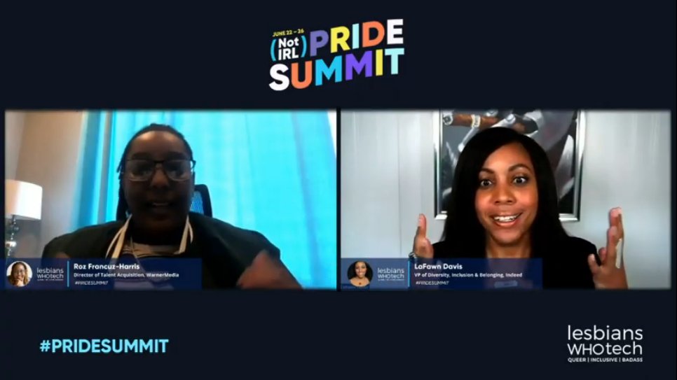 LaFawn Davis with (@lafawn ) '[In interviews] ask what is being done to secure #Equity ' w/ Roz Francuz-Harris (@RozTheRecruiter ) repping @Indeed & @WarnerMedia 'Equality is the goal. We're nowhere near that. [First, we need equity.]' #PrideSummit #LTSummit