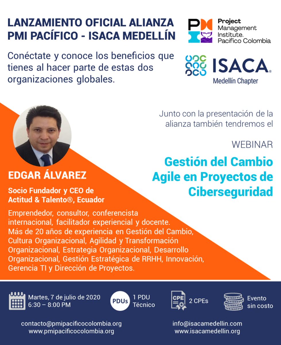 IsacaMedellin's tweet photo. Estimados Asociados y Amigos, los invitamos a la presentación de la alianza PMI Pacífico - ISACA Medellín, además del Webinar: Gestión del Cambio Agile en Proyectos de Ciberseguridad.

Inscripciones: https://t.co/9T2dKCWrEi https://t.co/1pPzHvyUAn