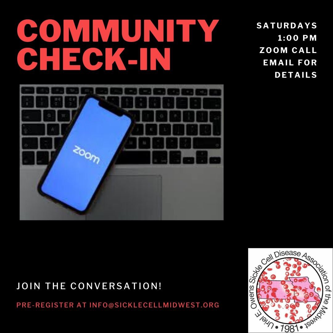 Cap off another week by joining us tomorrow for our Community Check In!  Chat and learn from other Warriors locally and around the world! #sicklecellmidwest #communitycheckin #sicklecellsupport