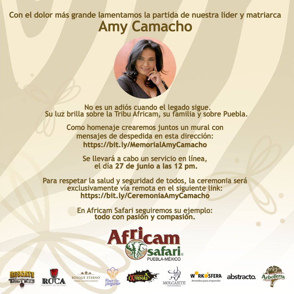 Te invitamos a despedir a Amy con un mensaje en su mural: bit.ly/MemorialAmyCam…. Y a acompañarnos a la transmisión en línea del servicio en su honor que se realizará mañana a las 12:00 pm: bit.ly/CeremoniaAmyCa…. 
¡Gracias por todo su apoyo!