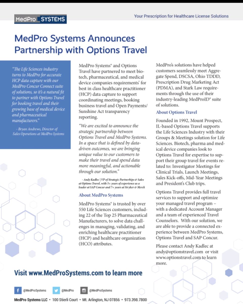 We are excited to share that @MedPro Systems and &amp; <a href="/OptionsTravelUS/">Options Travel</a> have announced a strategic partnership to better serve Life Sciences companies - helping them solve
difficult data / process challenges. 
#GroupsAndMeetings #TMC #TravelTechnology
<a href="/SAPConcur/">SAP Concur</a> 
#SAPConcurPartners