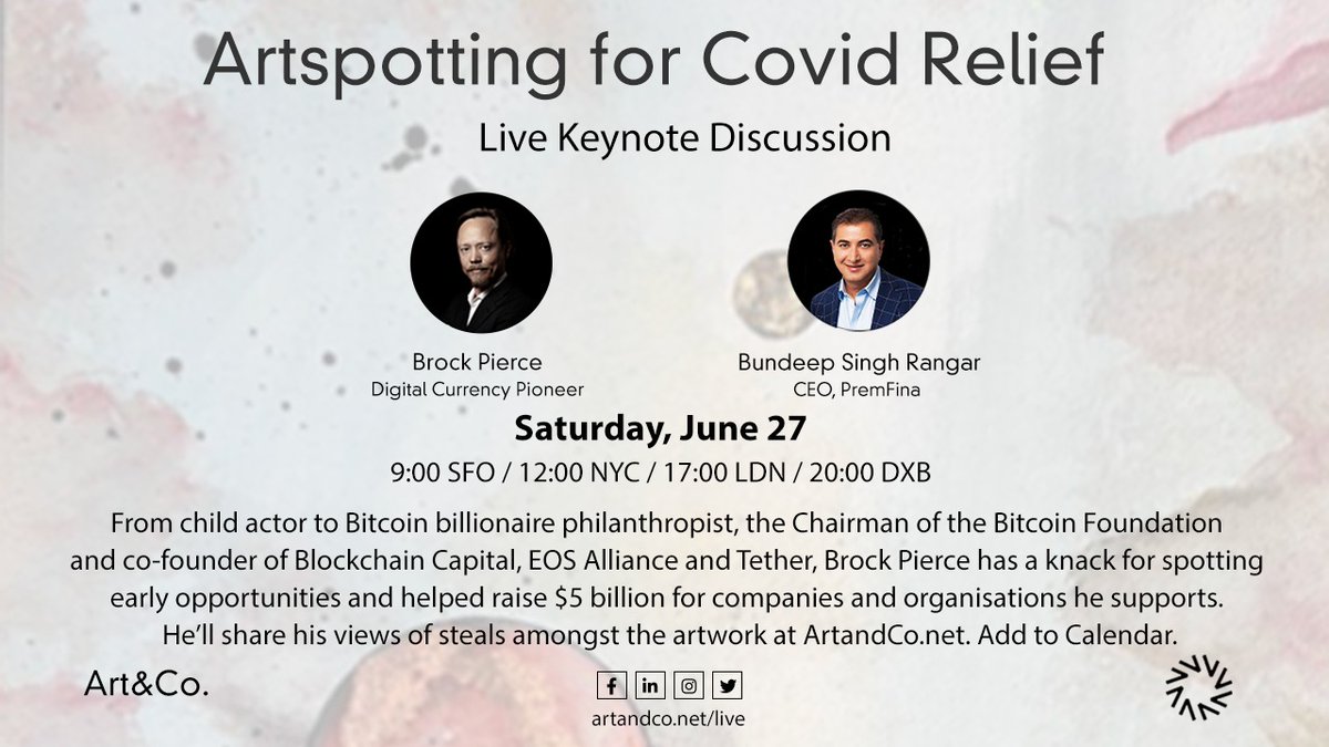 Be sure to tune in tomorrow 17:00 UK⏰to hear from child actor turned #Bitcoin billionaire #philanthropist @BrockPierce w/ @Bundeep on what you can do right now to make a positive impact on those affected by the #pandemic. Info➡️artandco.net #COVID19ReliefArt Auction