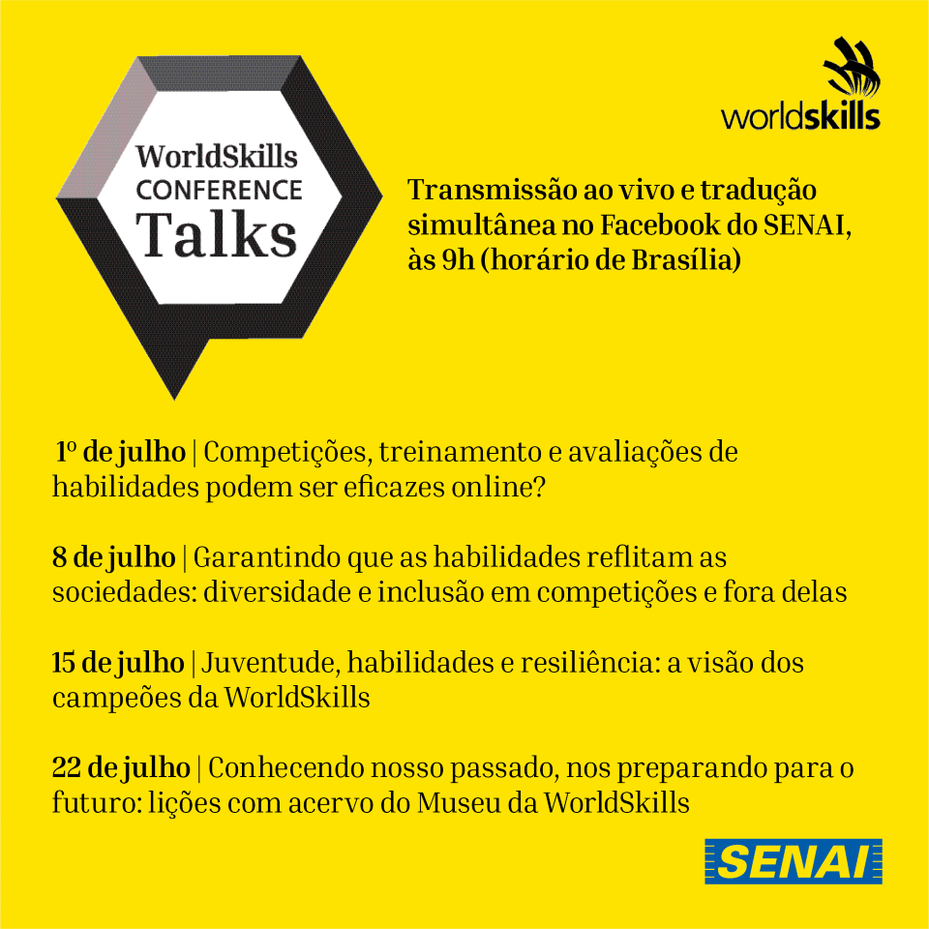 A <a href="/WorldSkills/">WorldSkills</a> vai realizar uma série de conversas. Os temas vão explorar a situação dos atuais campeões da WordSkills e o futuro das competições.
 
Saiba mais e inscreva-se em: worldskillsconference.com/2020/talks/ 

#ConferenceTalks #skillskeepmoving #essentialworkers #PeloFuturoDoTrabalho
