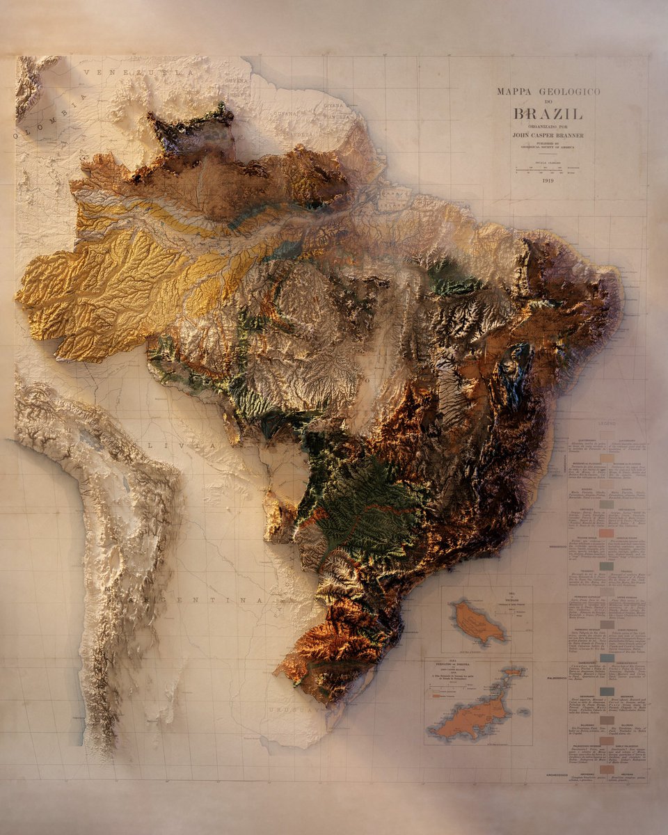 longitude110's tweet photo. Brazil - Geology - based on John Casper Branner’s map of 1919 - South America - #3dmap #blender3d #topography #maps #southamerica #mapping #mapart #mapporn #brazil #brasil #mountains #gis #maps #usgs #geology https://t.co/BQ5zh9w5DX