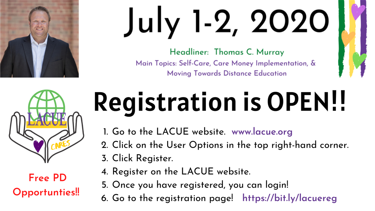 We are adding more sessions, daily! Register today! Our headliner will be @thomascmurray! All #LACUECares events are FREE!! lacue.org #WeAreLACUE Event Page: lacue.org/domain/96