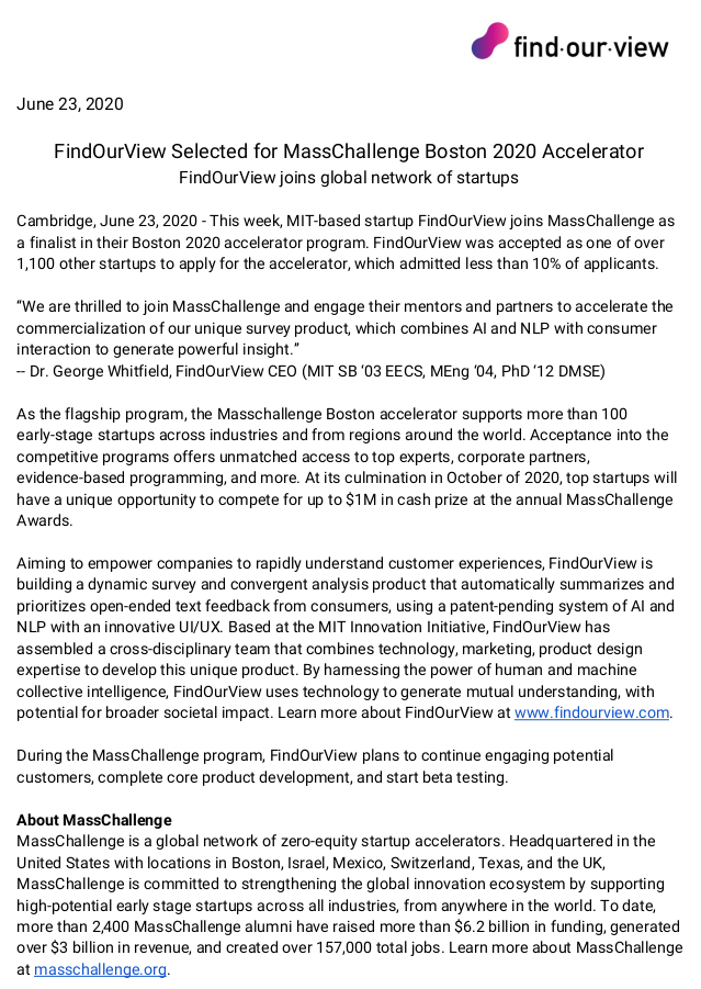 FindOurView (@findourview) on Twitter photo We are excited for our start at the MassChallenge Boston accelerator program this week! See our press release attached 🔥💪Looking forward to the next 4 months in the program!
Thanks for your support! <a href="/MIT_Innovation/">MIT Office of Innovation and Strategy</a> <a href="/MITSTEX/">MIT Startup Exchange (STEX)</a> #MIT <a href="/elainechen/">elainechen</a> We are excited for our start at the MassChallenge Boston accelerator program this week! See our press release attached 🔥💪Looking forward to the next 4 months in the program!
Thanks for your support! <a href="/MIT_Innovation/">MIT Office of Innovation and Strategy</a> <a href="/MITSTEX/">MIT Startup Exchange (STEX)</a> #MIT <a href="/elainechen/">elainechen</a>