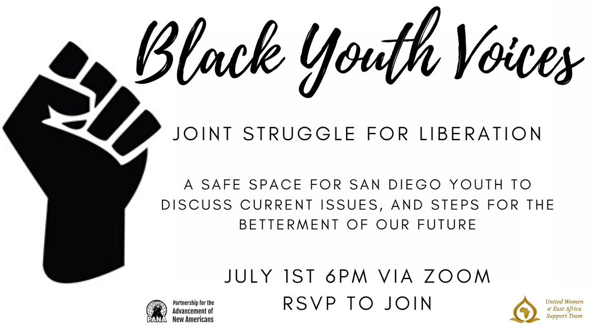 PANASanDiego's tweet photo. Tune into an event for the youth by the youth as we discuss the joint struggle for liberation. A bright group of panelists coming from different backgrounds but united in the fight for justice. Share and RSVP ❤️ #BlackYouthVoices

https://t.co/B9JNq5OCJd https://t.co/feyrlN1xYQ