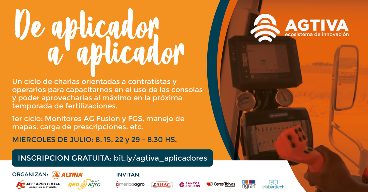 GeoAgroTEK's tweet photo. 🚜🙌Desde #Agtiva inauguramos un ciclo de charlas online para contratistas y operarios, que cumplen un rol clave en la transformación del agro llevando al lote manejos más eficientes y precisos.  
📝Anotate acá: https://t.co/yIlbolMOCf
#InnovandoJuntos https://t.co/yOTCNL4SCC