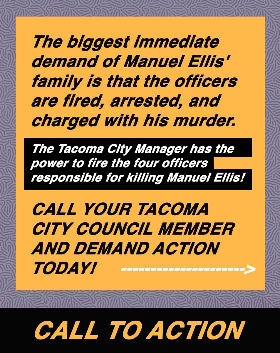 tacoma_action's tweet photo. The biggest demand of Manuel Ellis' family is that the officers are fired, arrested, and charged with his murder. 
The city manger has the power to fire them. https://t.co/n7FyV2ko9X