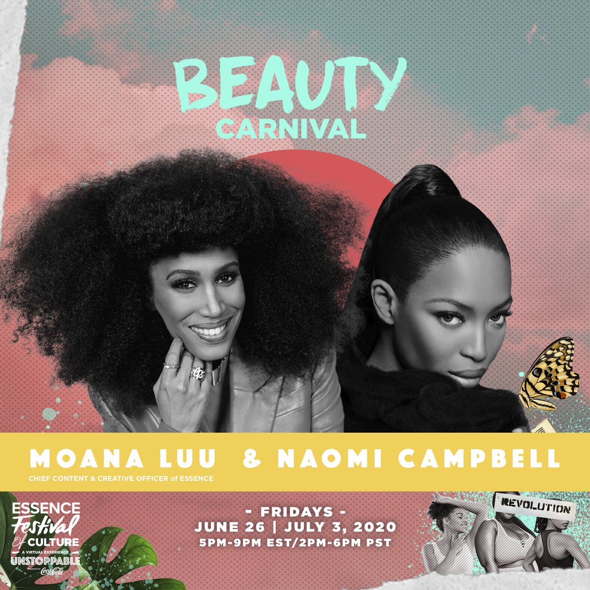 Essence's tweet photo. .@NaomiCampbell is LIVE with ESSENCE Chief Content &amp; Creative Officer MoAnA Luu talking all things beauty and her #ESSENCE50 cover at #EssenceCarnival! #EssenceFest watch now on Facebook, Twitter and https://t.co/GrVoKtjnDp https://t.co/vcJ0MQsNU9