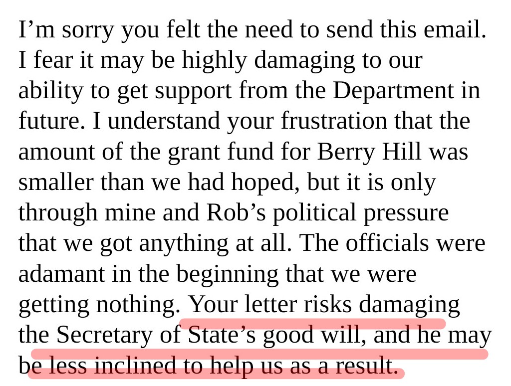 Anyway, Bradley doesn't like Abrahams writing to Jenrick in these terms and he write back to Abrahams speaking the language known to local Government everywhere "your letter risks damaging the Secretary of State's goodwill."