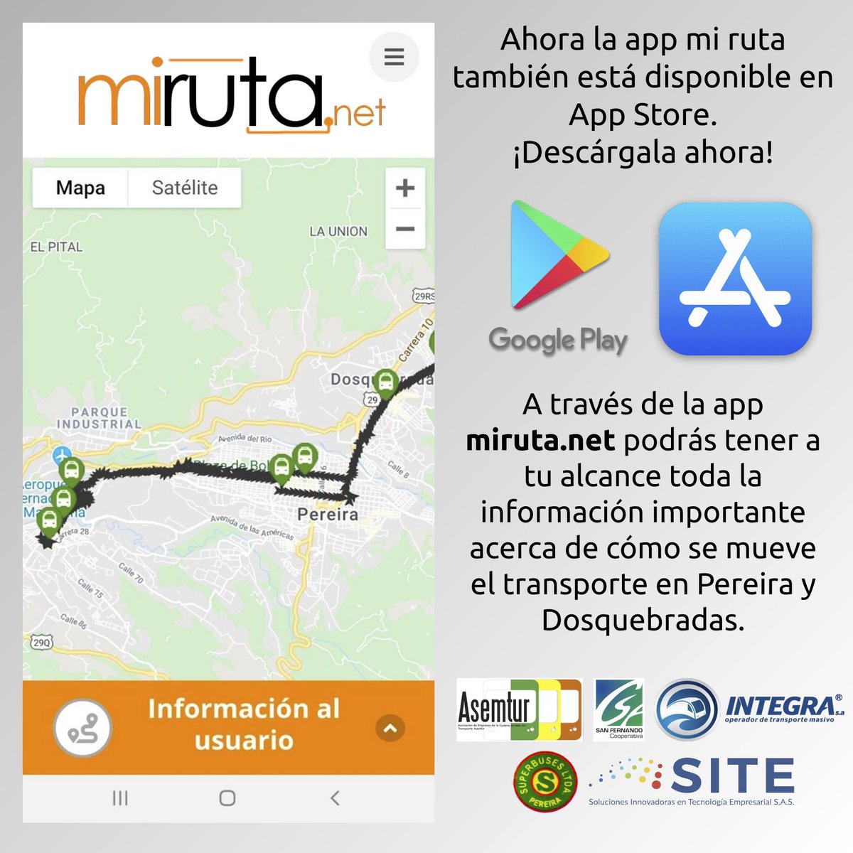 SITE_Col's tweet photo. Ahora https://t.co/lMo9nKqdXk también está disponible en App Store, qué esperas para descargarla en tu iPhone; conoce en instantes información de las principales rutas de transporte urbano y masivo de Pereira y Dosquebradas 👍🏼🚌⌚️ https://t.co/78lIDrpLu4 https://t.co/9fC1j8pKJU