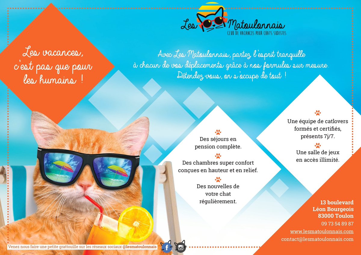 LesMatoulonnais's tweet photo. [OUVERTURE LE 29 JUIN] Vous partez en vacances cet été et vous ne savez pas comment faire garder votre chat ? Pas de panique, Le tout 1er Club de Vacances pour Chats Sudistes ouvre ses portes le 29 juin sur une jolie place de #Toulon 😻
#hotelpourchats #gardedechats https://t.co/6Gthd3Eh9f