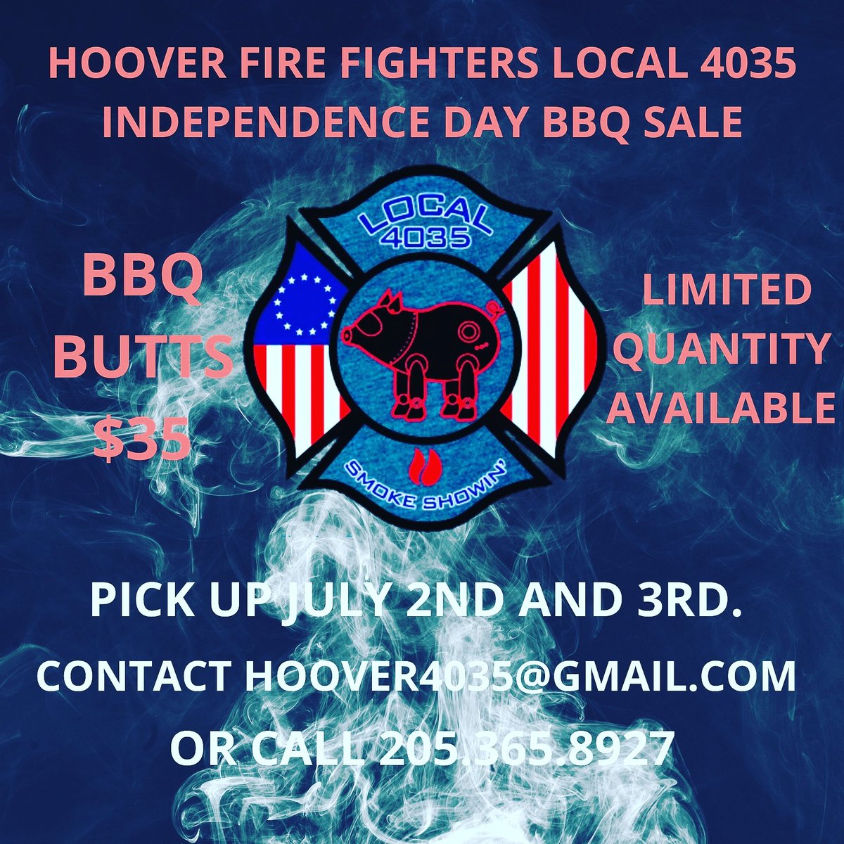 IAFF4035's tweet photo. Come get one of our occasionally  world famous, award winning BBQ Butts for your Independence Day jam session. For only $35 you, your family and friends will have a lip smacking pork party. Pick up July 2nd after 5 pm or July 3rd until noon. Contact for details. PayPal or cash. https://t.co/VQrdAmX3ec