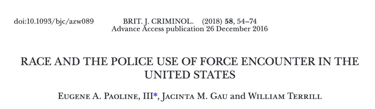 350/ "Results revealed that black citizens were no more likely than white ones to display noncompliance, and the strength of their resistance did not vary across officer race. White officers used higher levels of force against black suspects (controlling for resistance)."