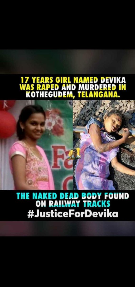 BudidhaN's tweet photo. After Disha's incident,another same thing happend in Telangana state
17yrs girl named DEVIKA was raped and murdered in kothagudem,Telangana
Hope @TelanganaCMO will take proper action against those culprits #JusticeforDevika #RIPDevika
@ktrtrs @TelanganaDGP https://t.co/fzIPoRp07g