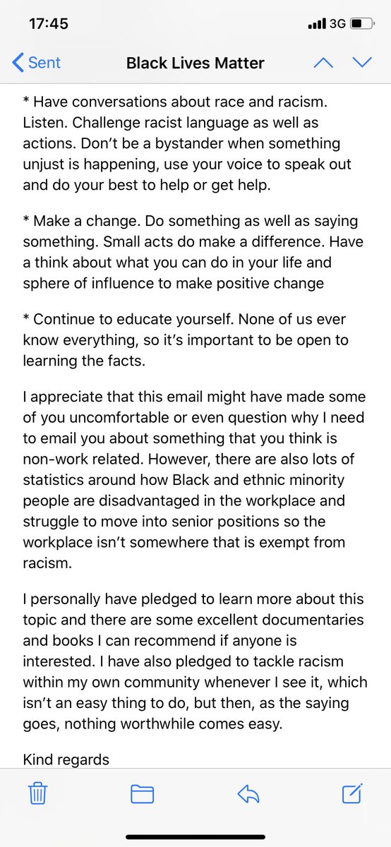 My email to the team about #blacklivesmatter. Had some fantastic responses from them and it’s encouraged a lot of discussion. Don’t be afraid to have some difficult conversations...those are ones that lead to the biggest changes in the end I find!