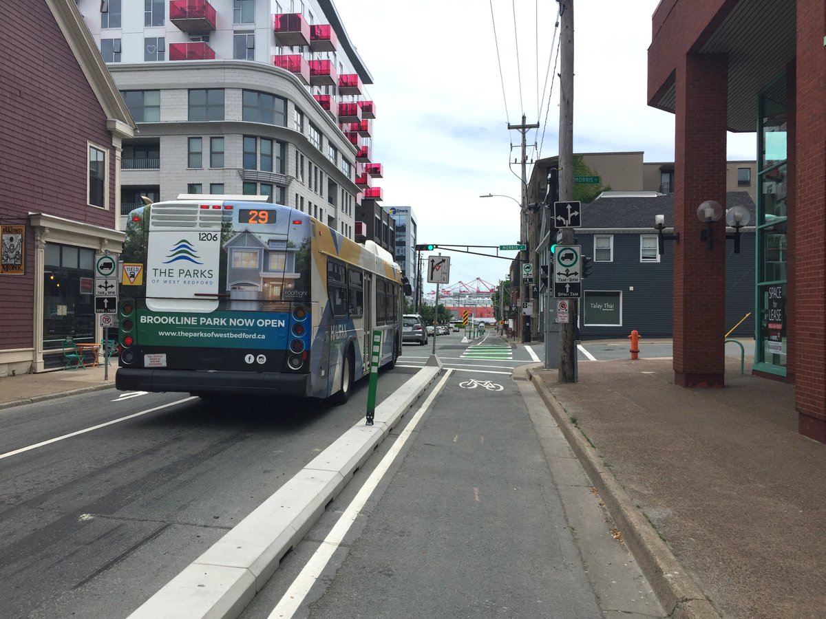 hfxgov's tweet photo. Soon the Hollis St protected bike lane will be complete! If you're cycling, enjoy the comfort and safety of a AAA (all ages and abilities) bike facility. If you're driving, get comfortable with new measures, including no right turns on red onto Hollis: https://t.co/2Cx0yV1xFW https://t.co/G0UFFSNNse