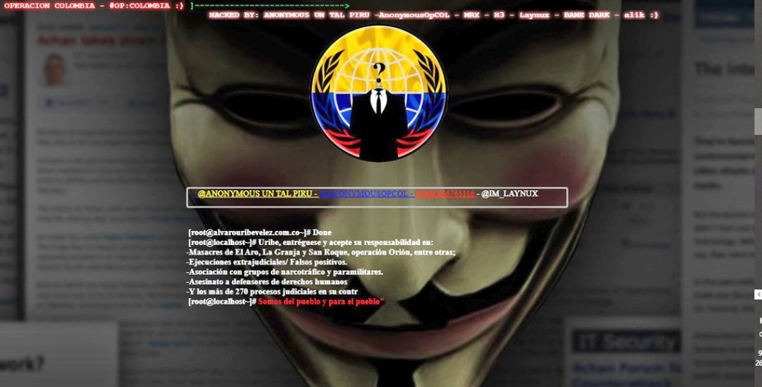 AnonymousOnBR's tweet photo. #Anonymous Colômbia invade site do senador e ex-presidente Alvaro Uribe. https://t.co/3RGBoT4KIk https://t.co/aGggEA4vAl
