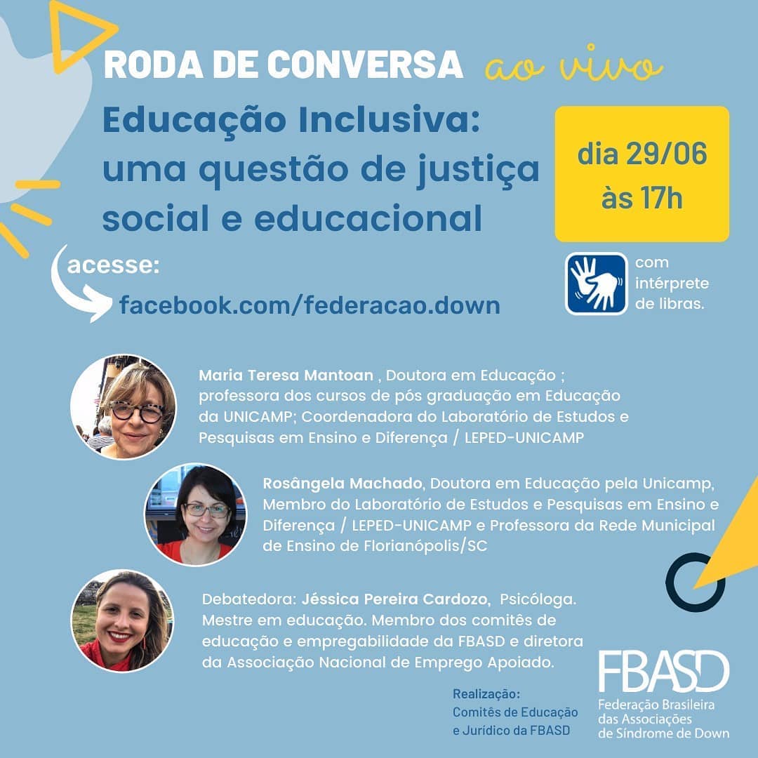 SIBI_UFRJ's tweet photo. A Federação Brasileira das Associações de Síndrome de Down (#FBASD) convida a todos para uma roda de conversa ao vivo sobre “Educação Inclusiva: uma questão de justiça social e educacional”. Dia 29/06, segunda-feira, às 17h: https://t.co/gzMYYoAO1N
#inclusao #educacaoinclusiva https://t.co/rf05IWm3XN