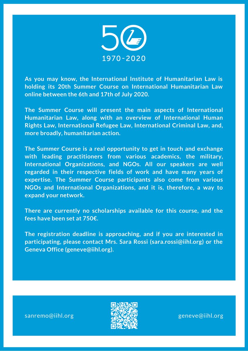 IIHL Geneva (@iihl_geneva) on Twitter photo 20th Summer Course on International Humanitarian Law Reminder
July 6 - 17
#iihl #internationalhumanitarianlaw #ihl #migrationlaw #refugeelaw #refugees #summercourse #education #internationallaw
<a href="/IIHL_Sanremo/">International Institute of Humanitarian Law</a> <a href="/MichelVeuthey/">Michel Veuthey</a> 20th Summer Course on International Humanitarian Law Reminder
July 6 - 17
#iihl #internationalhumanitarianlaw #ihl #migrationlaw #refugeelaw #refugees #summercourse #education #internationallaw
<a href="/IIHL_Sanremo/">International Institute of Humanitarian Law</a> <a href="/MichelVeuthey/">Michel Veuthey</a>
