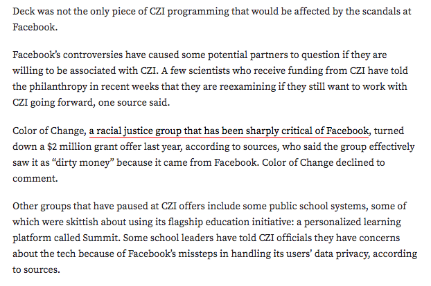 Color of Change, one of Facebook's loudest critics, had talks to take $2 million last year from the Chan Zuckerberg Initiative.They decided against it — turning down free money! — because they saw it as "dirty" Facebook millions. https://www.vox.com/recode/2020/6/26/21303664/mark-zuckerberg-facebook-chan-zuckerberg-initiative-philanthropy-tension