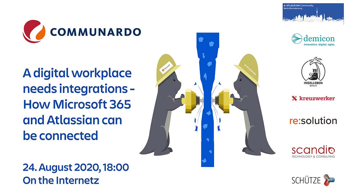 A new event! On August 24th <a href="/FSchink/">Florian Schink</a> <a href="/communardo/">kommunardo</a>  will join us for a #MondayNightSpecial to show us how <a href="/Microsoft365/">Microsoft 365</a> and <a href="/Atlassian/">Atlassian</a> can be connected to form a digital workplace. #RSVP here: ow.ly/uF9E50AiEnN