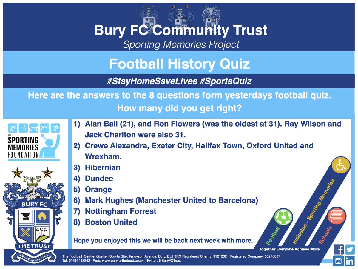 BuryFCTrust's tweet photo. 📣ANSWERS 📣

So how well did you do? Hope you enjoyed it, see you next week.👍

If you want more sign up for @SportsMemNet #SportingPink visit: https://t.co/jXAZEoaEAU

@BuryRelics @SportsMemNet @SMN_Manchester @BuryFCWV @BuryFCBoysGirls @gmwfladmin @LancashireFA @buryfcmensvets https://t.co/ZAuujzT9lH