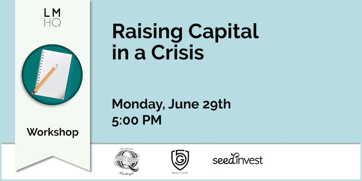 LMHQ_NYC's tweet photo. This coming Monday! 

Join @SeedInvest, @MightyQuinnsBBQ, @GoalFiveSoccer for a conversation on startup crowdfunding and raising funds in a tough economy. https://t.co/Mk9Pc74s93