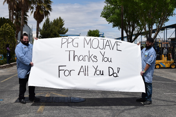 PPG's tweet photo. Our aerospace facility in Mojave, Calif., recently gave a rousing "thank you" to first responders by holding a parade for them and making a donation of personal protective equipment. We are grateful to all who help protect one another during this pandemic. #ProtectandBeautify https://t.co/yWWkOEtLGN