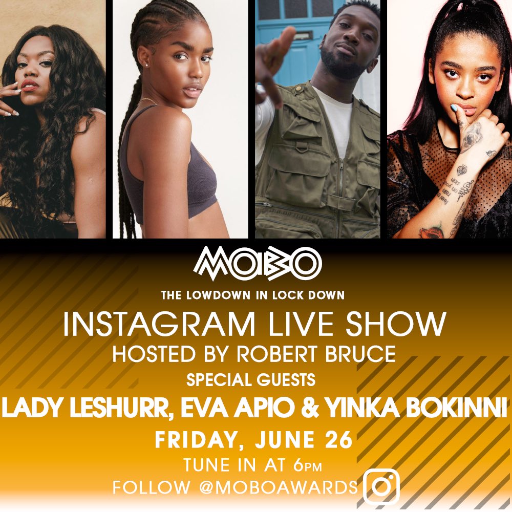MOBOAwards's tweet photo. WE’RE LIVE ON INSTAGRAM‼️ 

Join us for an important episode of #LowdownInLockdown featuring @LadyLeshurr, @YinkaBokinni, @evssofficial_ and @RobBruceK! 

👉🏾 https://t.co/MVbVfEyu13 https://t.co/uQdK3zrg4t
