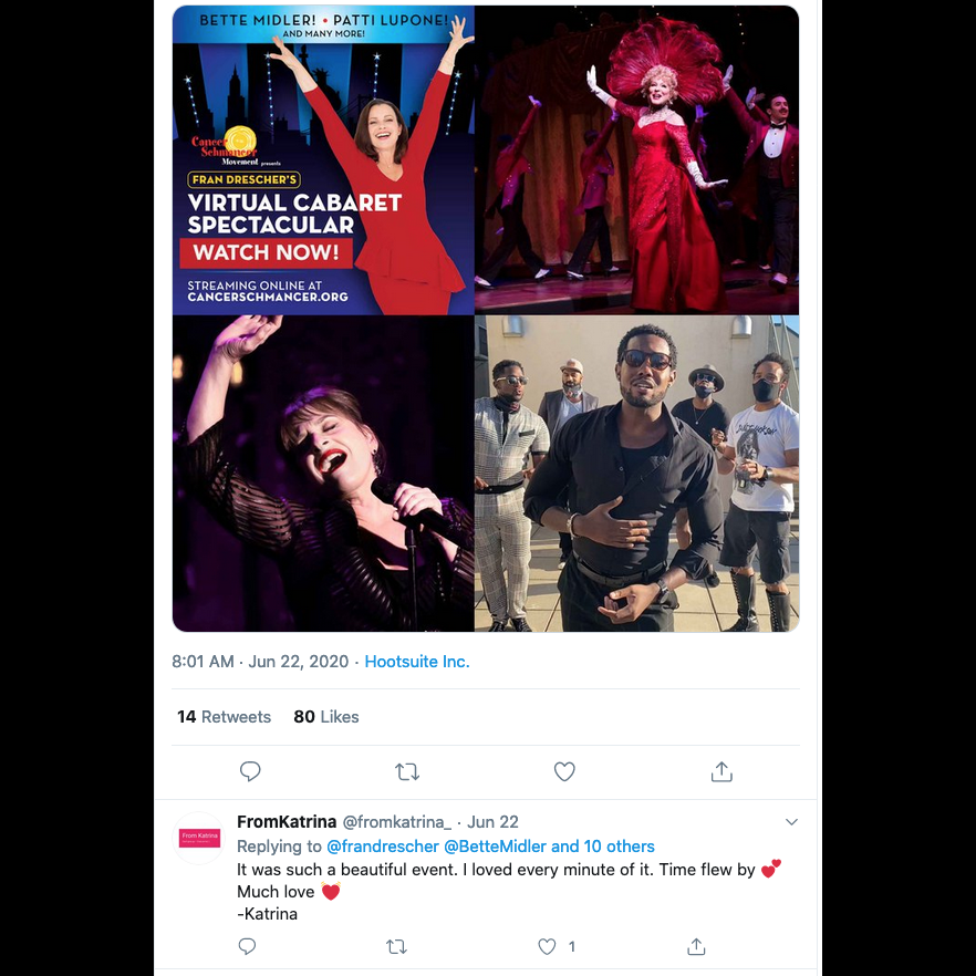 frandrescher's tweet image. Thank you, Katrina! We are blown away by the overwhelming response to #FranDreschersVirtualCabaret! It’s still streaming at CancerSchmancer.org if you haven’t seen it yet. #EncoreWeekend