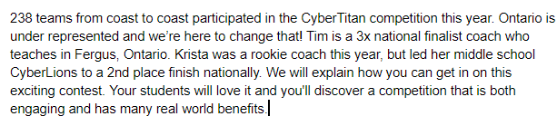 tk1ng's tweet photo. @ecooorg @oksarge Our hard sell for our #CyberTitan #ECOOcampOntario presentation.
If you're #edtech interested in #onted and want to introduce your students to an exciting competition that turns them into digital detectives &amp; #cybersec defenders, this is it!
#edtech #cdned @ONeducation https://t.co/HQRgfpL5mW