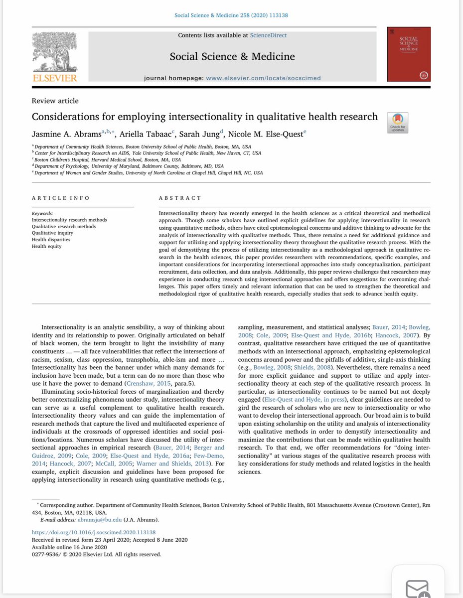 Who loves a good #intersectionality paper? 🙋🏾‍♀️

Check out my newest manuscript, where my colleagues and I provide some strategies for using intersectionality in your qualitative health research. Cite and share!

sciencedirect.com/science/articl… 

#AcademicTwitter #healthequity
