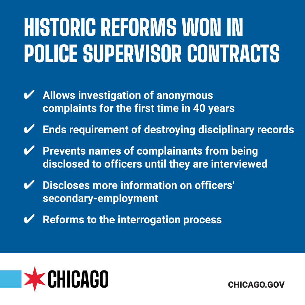 mayorlightfoot's tweet photo. BREAKING: From allowing the City to investigate anonymous complaints to ending the requirement of destroying disciplinary records, we've achieved historic reforms in the police supervisors' contracts that represent over 1,500 CPD sergeants, lieutenants, and captains. https://t.co/IApO5Va6sv
