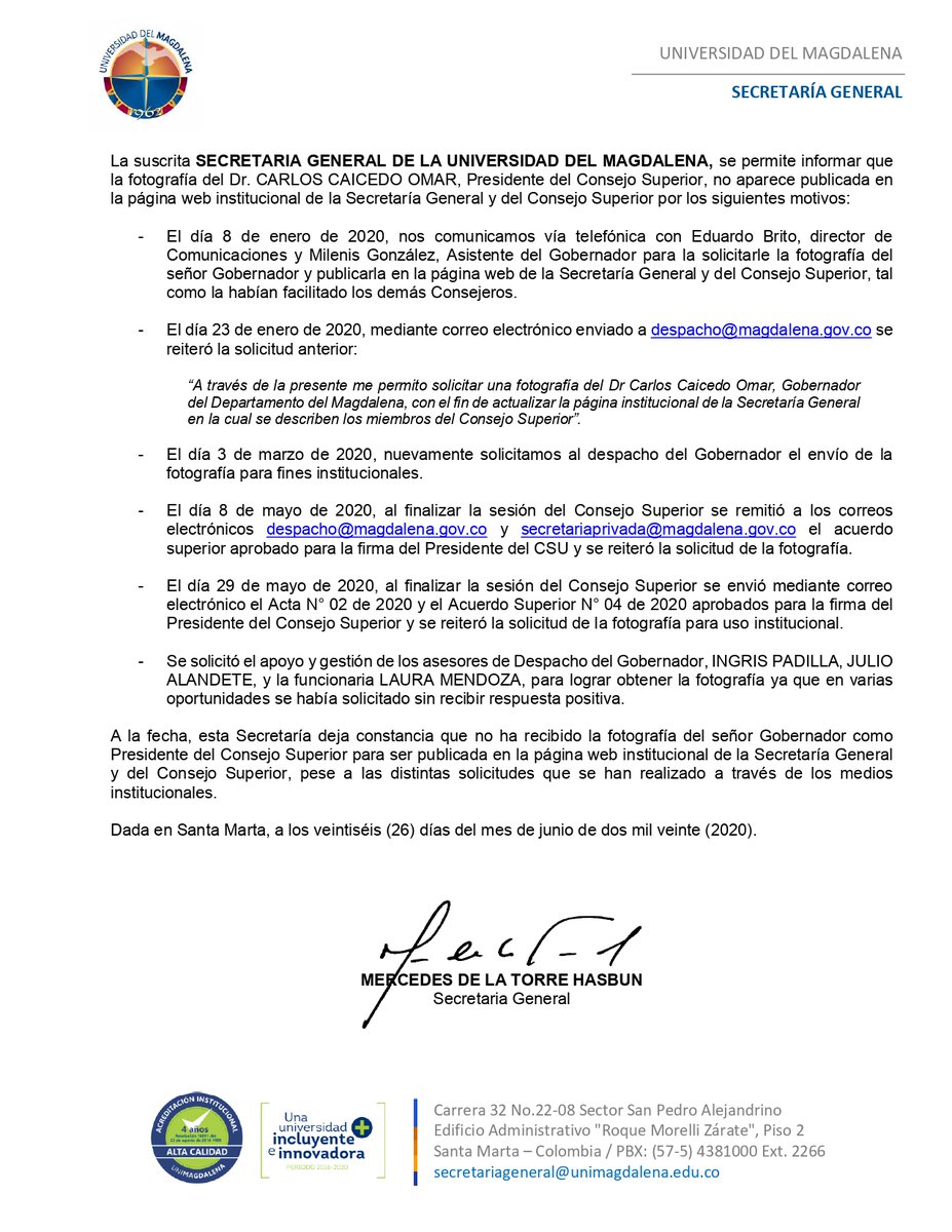 Unimagdalena's tweet photo. #AtenciónUM | La Secretaría General de @Unimagdalena  se permite compartir el siguiente Comunicado a la Opinión Pública, teniendo en cuenta los motivos por los que no aparece publicada la fotografía del Presidente del CSU en la página web institucional. 
🔎https://t.co/O4a29FC2r2 https://t.co/dFMSuaQPoG