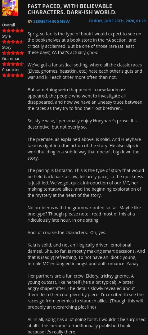 houstonhare's tweet photo. I just received an awesome review for my WIP on @royalroadl. It's so refreshing to hear that people are enjoying my story! #SprigSerial https://t.co/SM8Rmh7efz