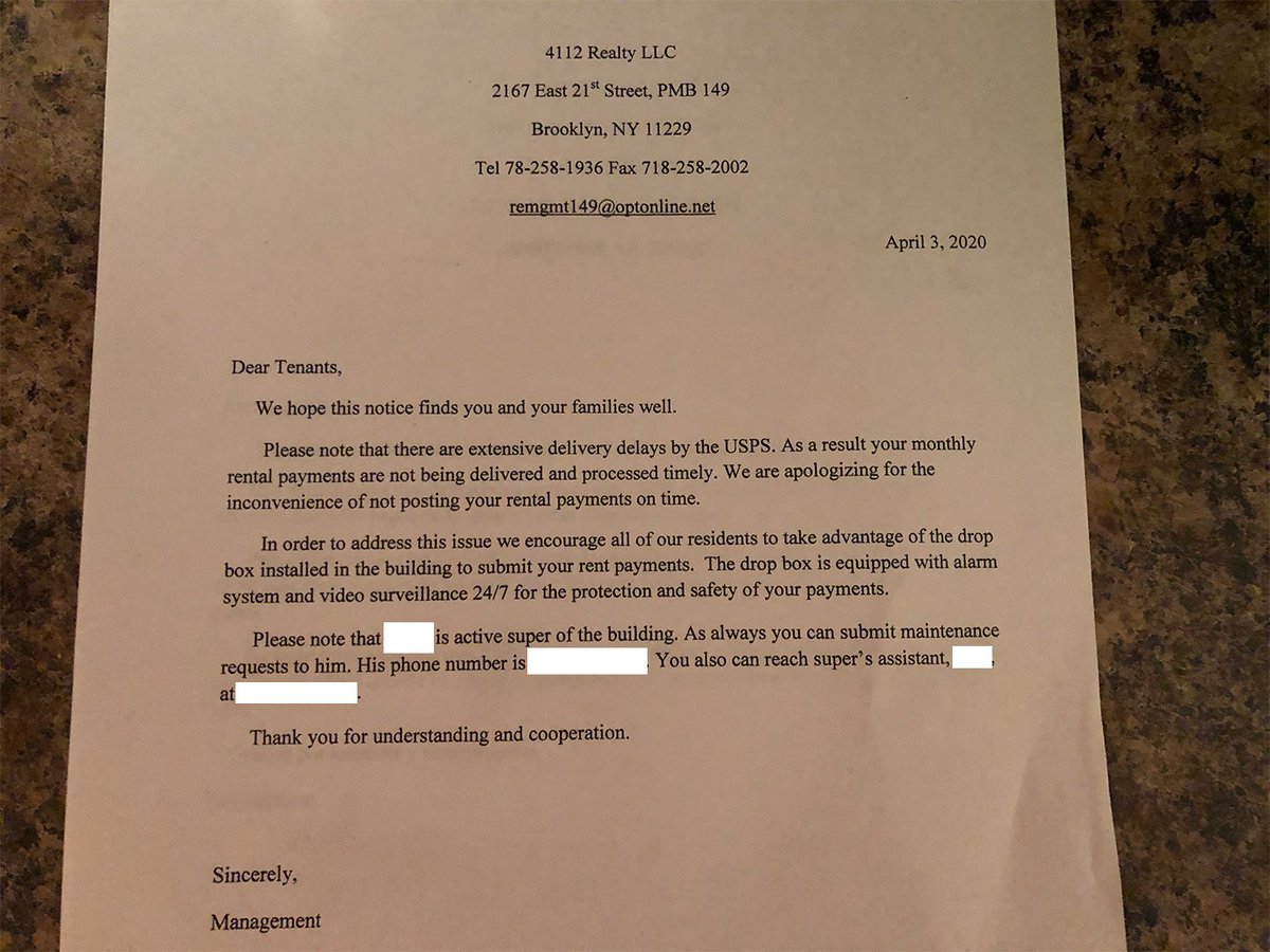 one MONTH later, after ignoring all phone calls and texts, the landlord got the super to slip this note under every tenant& #39;s front door. i& #39;ve hidden the super& #39;s name and details because he& #39;s a working man, though i& #39;ve left the trash landlord& #39;s stuff on there. who cares about him