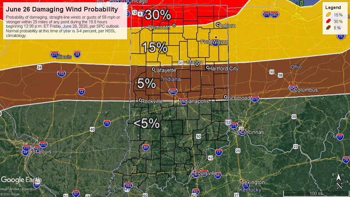 JayFarlowWx's tweet photo. Northern 1/2 of IN has 5% - 30% probability of damaging, straight-line winds of 58 mph or stronger today/tonight. Large hail and tornado also possible. #SKYWARN spotters should prepare for possible activation. #INwx https://t.co/CPtJM1e58V