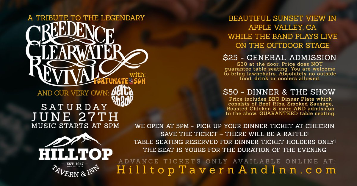 FortunateSonCCR's tweet photo. Coming up tomorrow night. Do you have your tickets yet?
#fortunateson #hilltoptavern #applevalley https://t.co/zgy8klArz5
