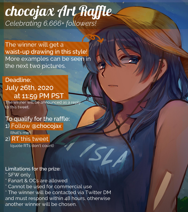 chocojax's tweet image. ✨CHOCOJAX ART RAFFLE✨
I'm finally hosting another raffle, as thanks for all of the support. :)

The winner will get a waist-up drawing in this sorta style!

To qualify:
(1) Follow @chocojax
(2) RT this tweet!

The raffle ends on 7/26/2020 @ 11:59 PM PST. Good luck!!🎺